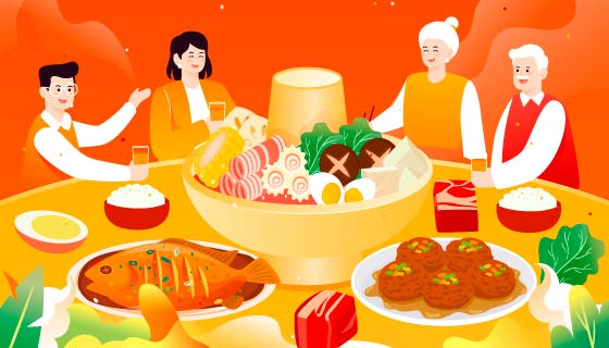 一家人聚在一起吃年夜饭矢量素材(EPS)