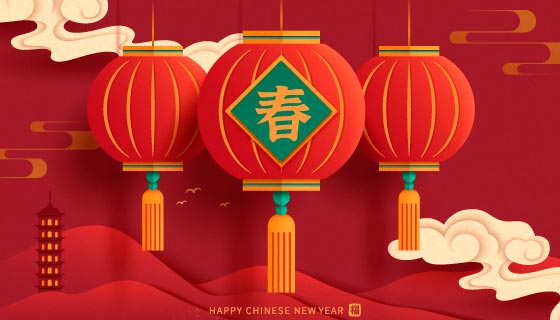 贴上春字的灯笼设计春节背景矢量素材(EPS)