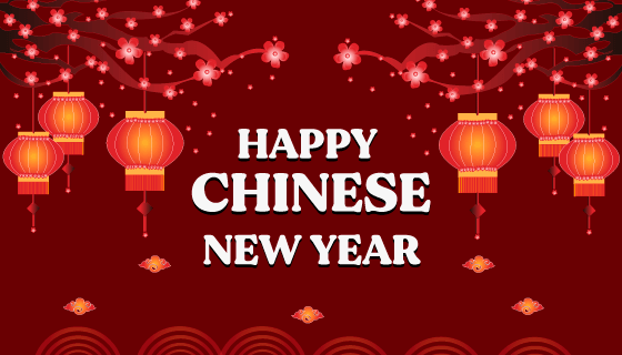 挂满灯笼的梅花树设计春节背景矢量素材(EPS)