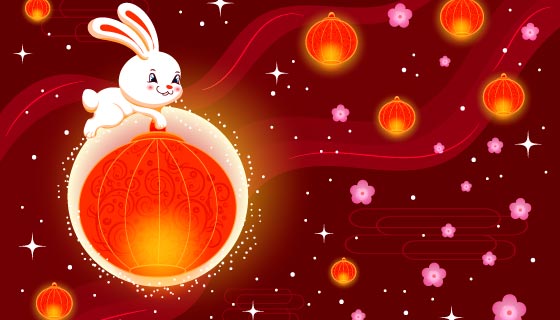 趴在灯笼上的兔子设计春节背景矢量素材(EPS)