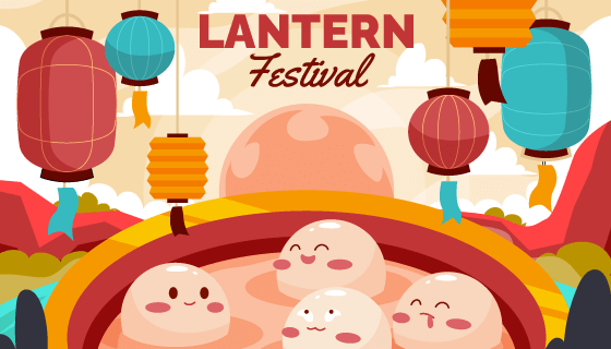 调皮的汤圆和灯笼设计元宵节背景矢量素材(AI/EPS)