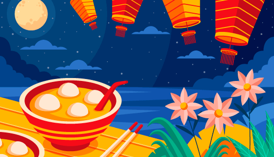 灯笼月亮和汤圆设计元宵节背景矢量素材(AI/EPS)