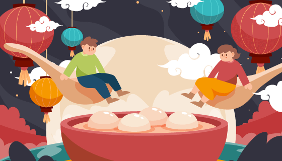 灯笼月亮和汤圆设计元宵节背景矢量素材(AI/EPS)