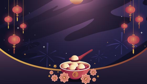 灯笼月亮和汤圆设计元宵节背景矢量素材(AI/EPS)