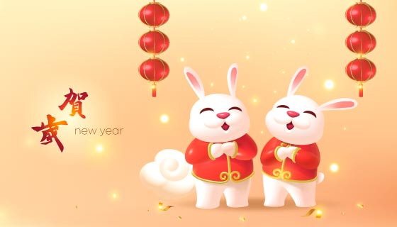 两只作揖拜年的小白兔春节背景矢量素材(EPS)