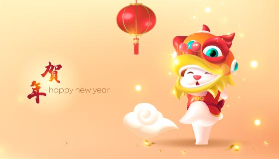 舞狮贺岁拜年的小白兔春节背景矢量素材(EPS)
