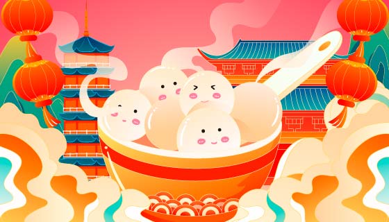 可爱的汤圆设计元宵节背景矢量素材(EPS)