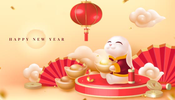 抱着金元宝的小白兔设计兔年春节背景矢量素材(EPS)