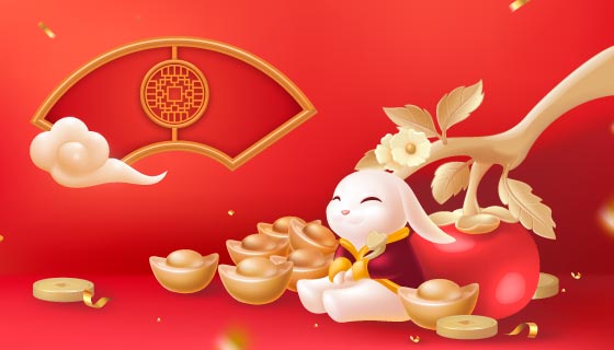 坐在金元宝堆里的小白兔设计兔年春节背景矢量素材(EPS)