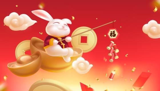 坐在金元宝上放鞭炮的小白兔设计兔年春节背景矢量素材(EPS)