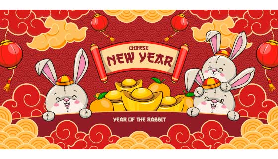 兔子金元宝橘子等设计兔年春节banner矢量素材(EPS)