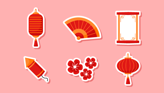 六个扁平风格的春节元素矢量素材(EPS/PNG)