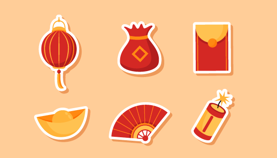六个扁平风格的春节元素矢量素材(EPS/PNG)