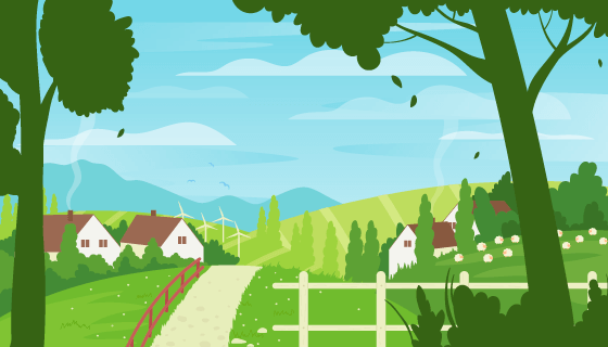 草地树木房子和天空等设计春天景色矢量素材(EPS)