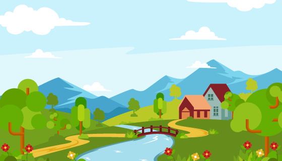 草地树木小河小桥等设计春天景色矢量素材(EPS)