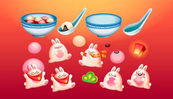 汤圆碗具和兔子元素矢量素材(EPS)