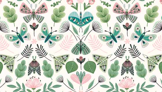 抽象的小草花朵和蝴蝶设计春天无缝背景矢量素材(EPS)