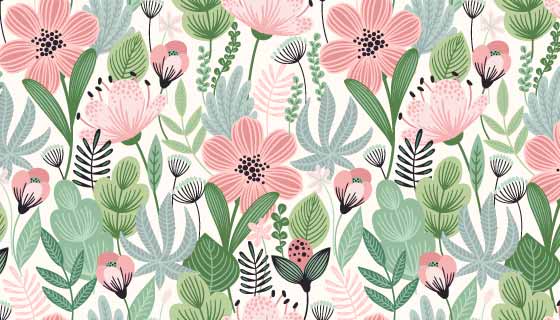 抽象的花朵和小草设计春天无缝背景矢量素材(EPS)