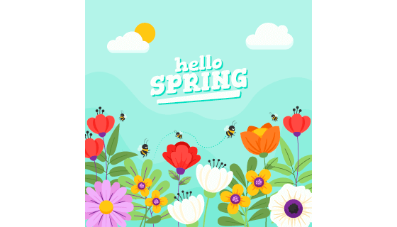 扁平风格的花朵和小草设计春天背景矢量素材(AI/EPS)