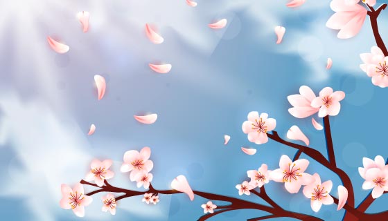 盛开的桃花和飞舞的桃花花瓣矢量素材(EPS)