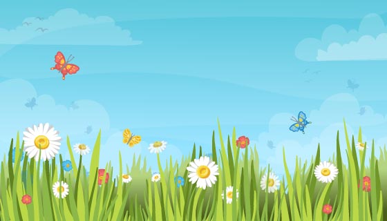 开满花朵的草丛和蓝天白云设计春天背景矢量素材(AI/EPS)