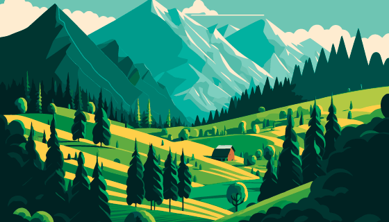 绿色清新的山谷和山脉设计春天景色背景矢量素材(EPS)