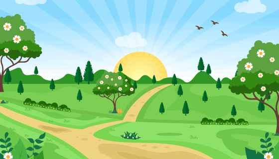 冉冉升起照耀绿色田野的太阳设计春节景色矢量素材(EPS)