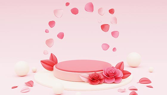 玫瑰花和花瓣装饰的3D展台设计情人节背景素材(JPG)