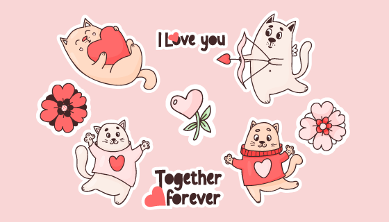 开心的猫咪和花朵贴纸矢量素材(EPS)