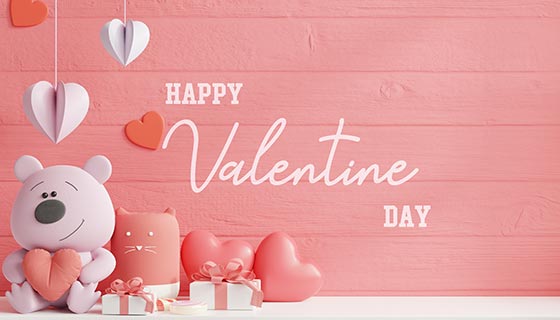 可爱的小熊娃娃和爱心礼物等设计情人节背景/壁纸素材(PSD)