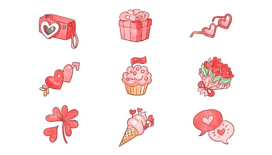 九个手绘风格的爱情元素矢量素材(AI/EPS/免扣PNG)