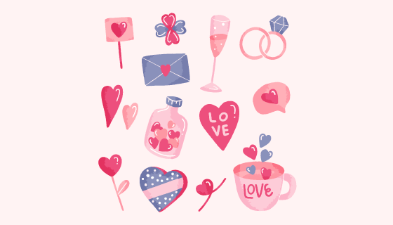 手绘风格的爱情元素矢量素材(AI/EPS/免扣PNG)