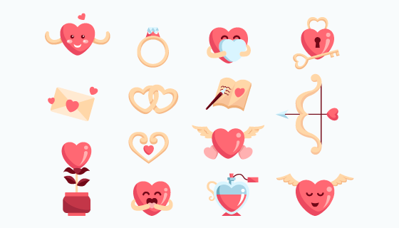 14个可爱的爱情元素矢量素材(AI/EPS/免扣PNG)