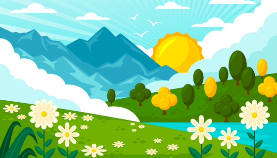 太阳升起照耀大地设计春天景色矢量素材(AI/EPS)