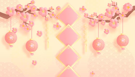 挂着灯笼的桃花树枝设计春节背景矢量素材(EPS)