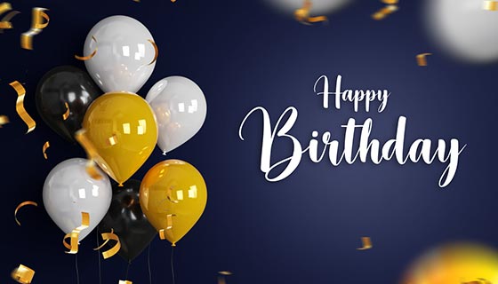 逼真的气球和金色的纸屑设计生日快乐背景图片素材(PSD)