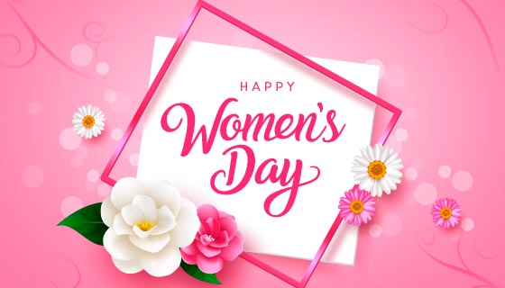 美丽的花朵和粉色边框设计妇女节/女神节背景图片矢量素材(EPS)