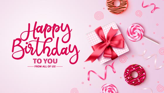 精美礼物和棒棒糖甜甜圈设计生日快乐背景图片矢量素材(EPS)
