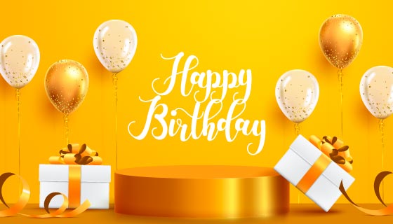 精美礼物和气球设计黄色生日快乐背景图片矢量素材(EPS)