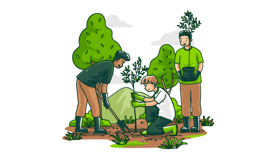 手绘三个正在田间种树的年轻人矢量素材(AI/EPS)