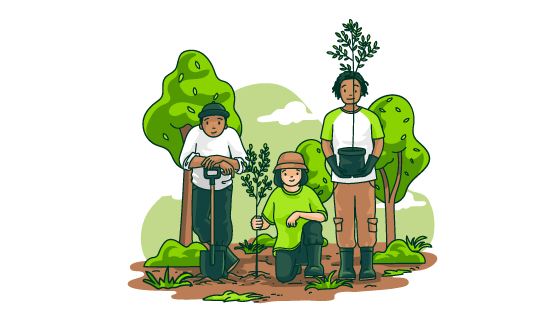 手绘风格三个在田间种树的男子矢量素材(AI/EPS)