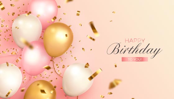 多彩气球和金色纸屑设计生日快乐背景图矢量素材(EPS)