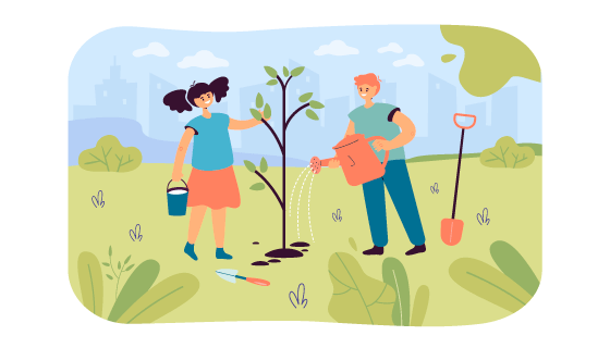 开心种树的男孩和女孩矢量素材(EPS)