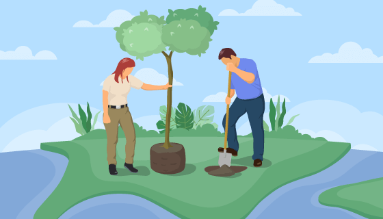 在河边种树的年轻男女矢量素材(EPS)