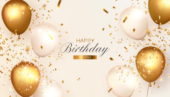 金色气球和纸屑设计生日快乐背景图矢量素材(EPS)