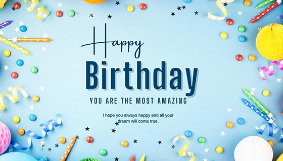 生日蜡烛和M豆等设计蓝色生日快乐背景图片素材(JPG)