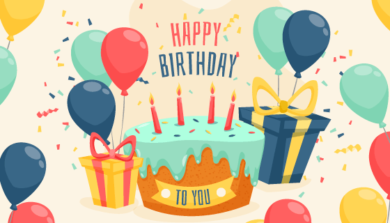 生日蛋糕礼物气球等设计生日快乐背景矢量素材(AI/EPS)