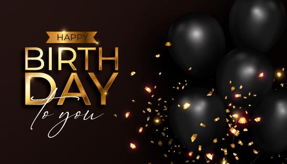 黑色气球和金色纸屑设计生日快乐背景图矢量素材(EPS)