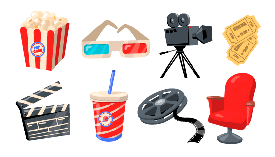 八个扁平风格的电影院电影元素矢量素材(EPS/PNG)