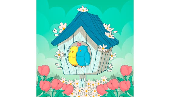 两只站在小屋窗户上欣赏春天景色的小鸟矢量素材(AI/EPS)